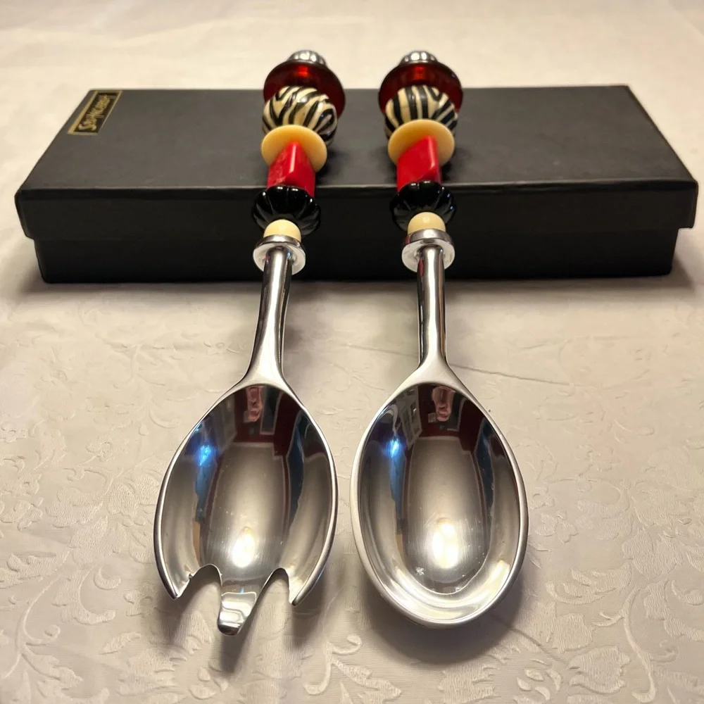 Elegant Silver and Red Serving Utensil Set